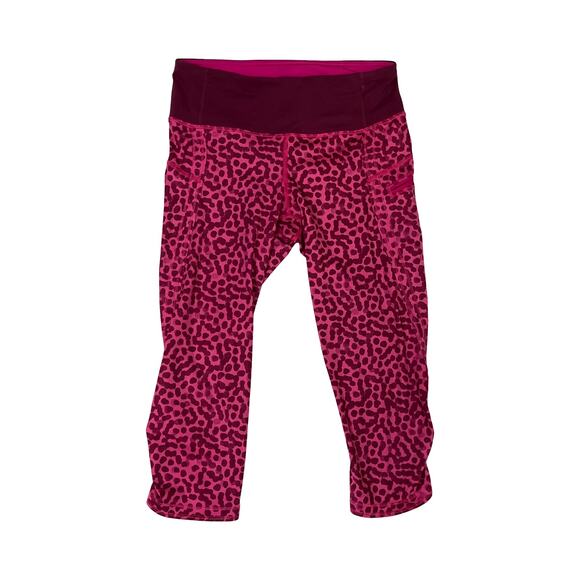 Lululemon Run Inspire Crop Leggings Pink Animal Print Size 4 Ruched Capri EUC - Picture 1 of 7
